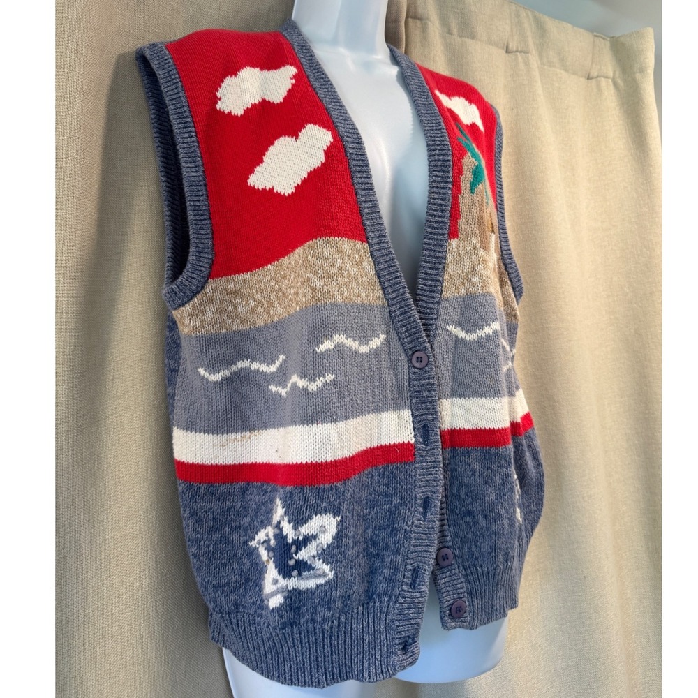 Vintage Koret Blue Beach Scene‎ Knit Vest Sweater Button Up Size L - Picture 3 of 6